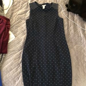 Navy blue and white polka dot fitted dress